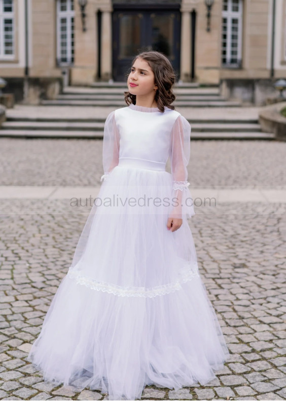Long Transparent Sleeves White Tulle Flower Girl Dress